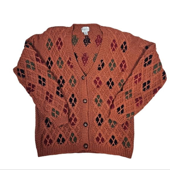 Vintage Baszio Rust Handknit Argyle 1/2 Button Grandpa Cardigan Size Large I76 - Picture 11 of 11